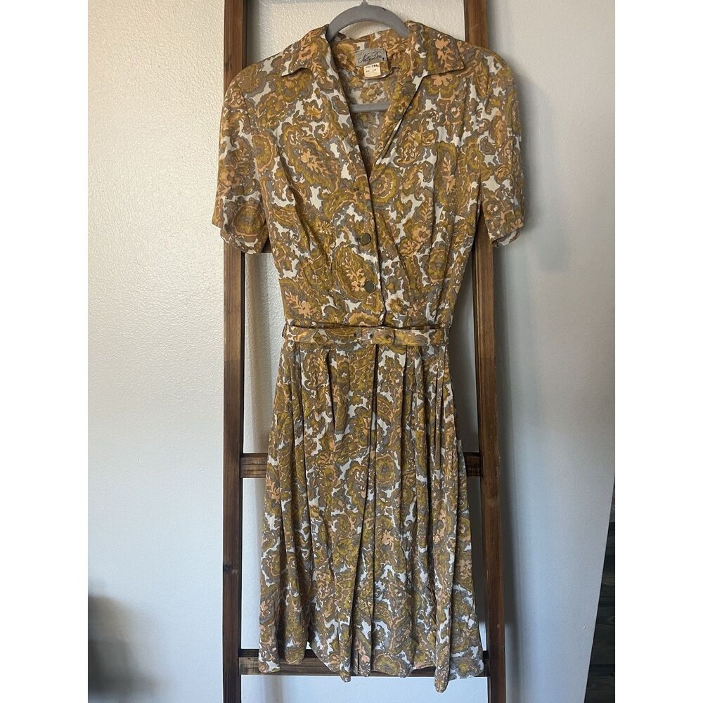 Vintage Nelly Don Shirt Dress Style 525 Size 14 Yellow Brown White Original